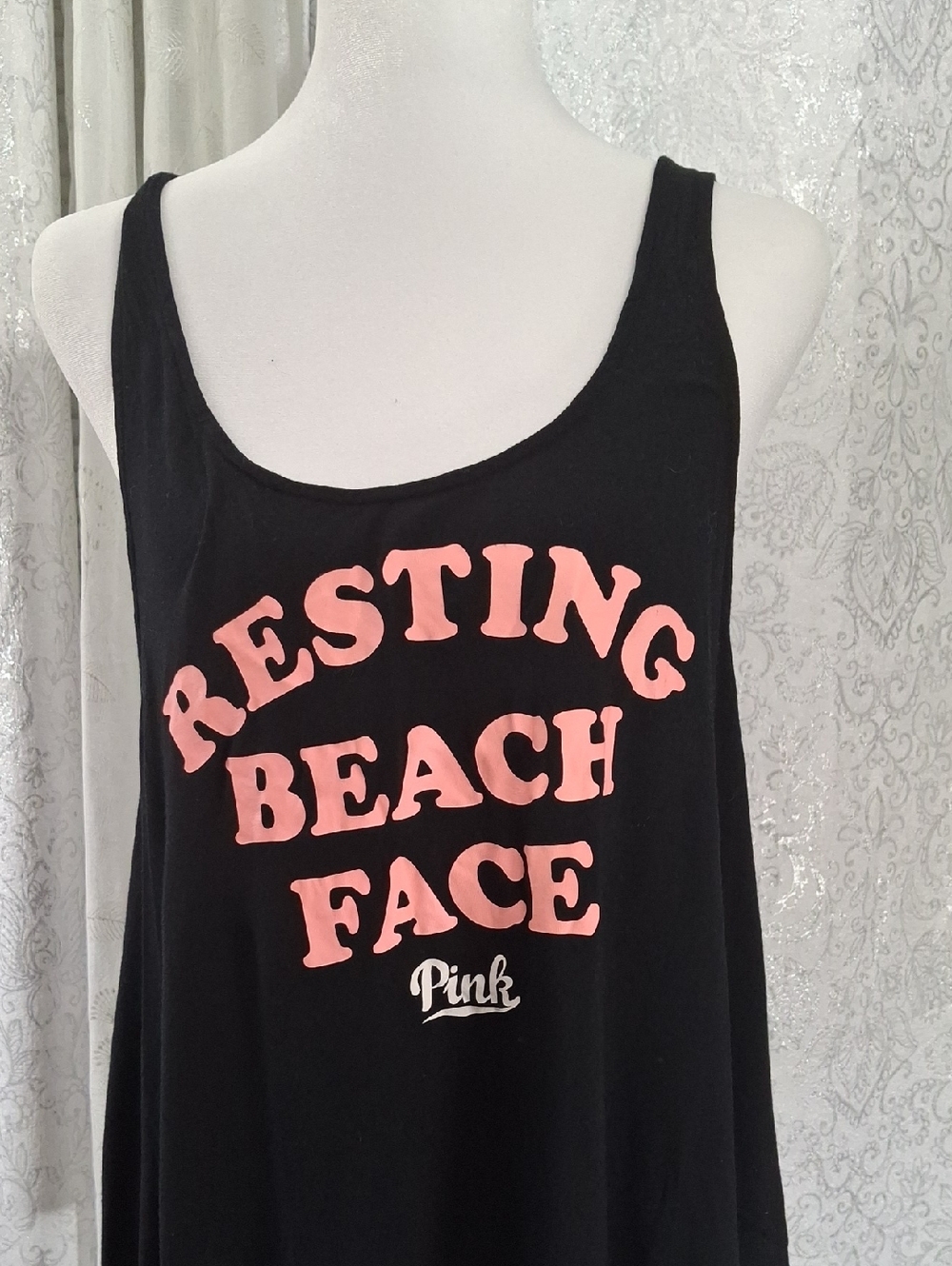 PINK Victoria's Secret Black Tank Top Resting Beach Face Logo Muscle Tank